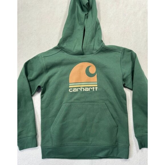 Carhartt Hoodie Sweatshirt Forest Green Hooded Top Logo Youth Boys Girls Medium - Picture 2 of 4